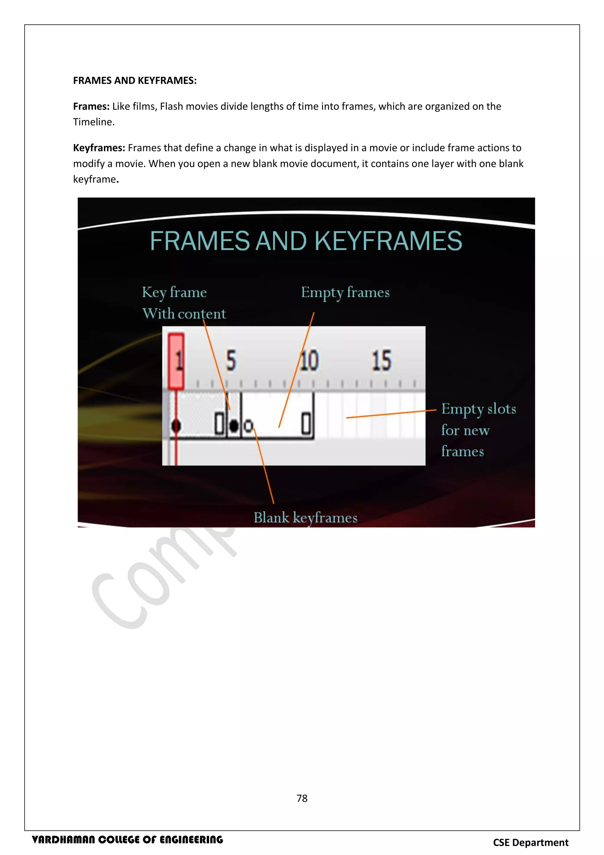 78
CSE DepartmentVARDHAMAN COLLEGE OF ENGINEERING
FRAMES AND KEYFRAMES:
Frames: Like films, Flash movies divide lengths of time into frames, which are organized on the
Timeline.
Keyframes: Frames that define a change in what is displayed in a movie or include frame actions to
modify a movie. When you open a new blank movie document, it contains one layer with one blank
keyframe.
 