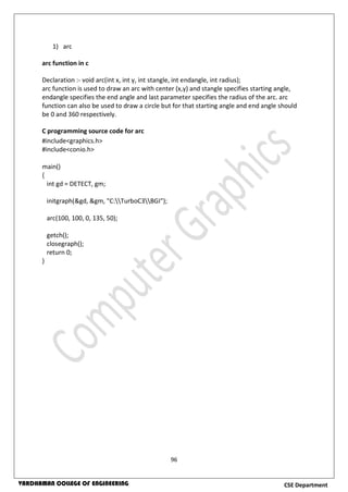 96
CSE DepartmentVARDHAMAN COLLEGE OF ENGINEERING
1) arc
arc function in c
Declaration :- void arc(int x, int y, int stangle, int endangle, int radius);
arc function is used to draw an arc with center (x,y) and stangle specifies starting angle,
endangle specifies the end angle and last parameter specifies the radius of the arc. arc
function can also be used to draw a circle but for that starting angle and end angle should
be 0 and 360 respectively.
C programming source code for arc
#include<graphics.h>
#include<conio.h>
main()
{
int gd = DETECT, gm;
initgraph(&gd, &gm, "C:TurboC3BGI");
arc(100, 100, 0, 135, 50);
getch();
closegraph();
return 0;
}
 