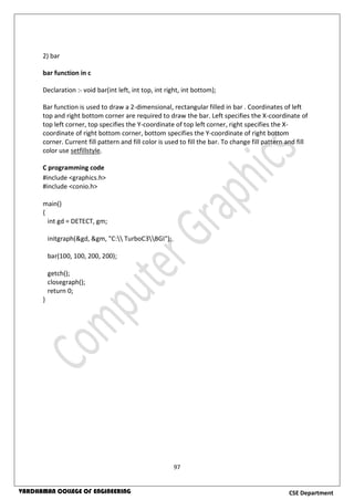 97
CSE DepartmentVARDHAMAN COLLEGE OF ENGINEERING
2) bar
bar function in c
Declaration :- void bar(int left, int top, int right, int bottom);
Bar function is used to draw a 2-dimensional, rectangular filled in bar . Coordinates of left
top and right bottom corner are required to draw the bar. Left specifies the X-coordinate of
top left corner, top specifies the Y-coordinate of top left corner, right specifies the X-
coordinate of right bottom corner, bottom specifies the Y-coordinate of right bottom
corner. Current fill pattern and fill color is used to fill the bar. To change fill pattern and fill
color use setfillstyle.
C programming code
#include <graphics.h>
#include <conio.h>
main()
{
int gd = DETECT, gm;
initgraph(&gd, &gm, "C: TurboC3BGI");
bar(100, 100, 200, 200);
getch();
closegraph();
return 0;
}
 