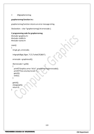 119
CSE DepartmentVARDHAMAN COLLEGE OF ENGINEERING
• 24)grapherrormsg
grapherrormsg function in c
grapherrormsg function returns an error message string.
Declaration :- char *grapherrormsg( int errorcode );
C programming code for grapherrormsg
#include <graphics.h>
#include <stdlib.h>
#include <conio.h>
main()
{
int gd, gm, errorcode;
initgraph(&gd, &gm, "C: TurboC3BGI");
errorcode = graphresult();
if(errorcode != grOk)
{
printf("Graphics error: %sn", grapherrormsg(errorcode));
printf("Press any key to exit.");
getch();
exit(1);
}
getch();
closegraph();
return 0;
}
 