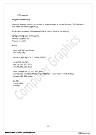 120
CSE DepartmentVARDHAMAN COLLEGE OF ENGINEERING
• 25) imagesize
imagesize function in c
imagesize function returns the number of bytes required to store a bitimage. This function is
used when we are using getimage.
Declaration:- unsigned int imagesize(int left, int top, int right, int bottom);
C programming code for imagesize
#include <graphics.h>
#include <conio.h>
main()
{
int gd = DETECT, gm, bytes;
char array[100];
initgraph(&gd, &gm, "C: TurboC3BGI");
circle(200, 200, 50);
line(150, 200, 250, 200);
line(200, 150, 200, 250);
bytes = imagesize(150, 150, 250, 250);
sprintf(array, "Number of bytes required to store required area = %d", bytes);
outtextxy(10, 280, array);
getch();
closegraph();
return 0;
}
 