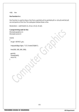 121
CSE DepartmentVARDHAMAN COLLEGE OF ENGINEERING
•26) line
line function in c
line function is used to draw a line from a point(x1,y1) to point(x2,y2) i.e. (x1,y1) and (x2,y2)
are end points of the line.The code given below draws a line.
Declaration :- void line(int x1, int y1, int x2, int y2);
C programming code for line
#include<graphics.h>
#include<conio.h>
main()
{
int gd = DETECT, gm;
initgraph(&gd, &gm, "C: TurboC3BGI");
line(100, 100, 200, 200);
getch();
closegraph();
return 0;
}
 