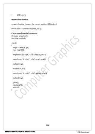 124
CSE DepartmentVARDHAMAN COLLEGE OF ENGINEERING
• 29) moveto
moveto function in c
moveto function changes the current position (CP) to (x, y)
Declaration :- void moveto(int x, int y);
C programming code for moveto
#include <graphics.h>
#include <conio.h>
main()
{
int gd = DETECT, gm;
char msg[100];
initgraph(&gd, &gm, "C: TurboC3BGI");
sprintf(msg, "X = %d, Y = %d",getx(),gety());
outtext(msg);
moveto(50, 50);
sprintf(msg, "X = %d, Y = %d", getx(), gety());
outtext(msg);
getch();
closegraph();
return 0;
}
 