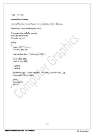 125
CSE DepartmentVARDHAMAN COLLEGE OF ENGINEERING
•30) moverel
moverel function in c
moverel function moves the current position to a relative distance.
Declaration :- void moverel(int x, int y);
C programming code for moverel
#include <graphics.h>
#include <conio.h>
main()
{
int gd = DETECT, gm, x, y;
char message[100];
initgraph(&gd, &gm, "C: TurboC3BGI");
moveto(100, 100);
moverel(100, -100);
x = getx();
y = gety();
sprintf(message, "Current x position = %d and y position = %d", x, y);
outtextxy(10, 10, message);
getch();
closegraph();
return 0;
}
 