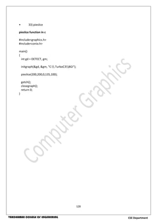 128
CSE DepartmentVARDHAMAN COLLEGE OF ENGINEERING
• 33) pieslice
pieslice function in c
#include<graphics.h>
#include<conio.h>
main()
{
int gd = DETECT, gm;
initgraph(&gd, &gm, "C: TurboC3BGI");
pieslice(200,200,0,135,100);
getch();
closegraph();
return 0;
}
 