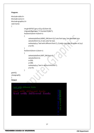 17
CSE DepartmentVARDHAMAN COLLEGE OF ENGINEERING
Program:
#include<stdio.h>
#include<conio.h>
#include<graphics.h>
void main()
{
int gd=DETECT,gm,x=25,y=25,font=10;
initgraph(&gd,&gm,"C:turboC3BGI");
for(font=0;font<=4;font++)
{
settextstyle(font,HORIZ_DIR,font+1);// sets font type, font direction, size
setcolor(font+1); // sets color for text.
outtextxy(x,y,"text with different fonts"); // prints message on screen at (x,y)
y=y+25;
}
for(font=0;font<=2;font++)
{
settextstyle(font,VERT_DIR,font+2);
setcolor(font+1);
x=250;
y=100;
outtextxy(x,y,"text in vertical direction");
y=y+25;
}
getch();
closegraph();
}
Output:
 