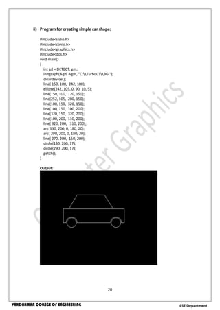 20
CSE DepartmentVARDHAMAN COLLEGE OF ENGINEERING
ii) Program for creating simple car shape:
#include<stdio.h>
#include<conio.h>
#include<graphics.h>
#include<dos.h>
void main()
{
int gd = DETECT, gm;
initgraph(&gd, &gm, "C:TurboC3BGI");
cleardevice();
line( 150, 100, 242, 100);
ellipse(242, 105, 0, 90, 10, 5);
line(150, 100, 120, 150);
line(252, 105, 280, 150);
line(100, 150, 320, 150);
line(100, 150, 100, 200);
line(320, 150, 320, 200);
line(100, 200, 110, 200);
line( 320, 200, 310, 200);
arc(130, 200, 0, 180, 20);
arc( 290, 200, 0, 180, 20);
line( 270, 200, 150, 200);
circle(130, 200, 17);
circle(290, 200, 17);
getch();
}
Output:
 