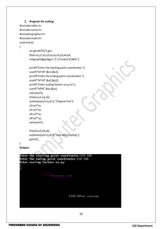 28
CSE DepartmentVARDHAMAN COLLEGE OF ENGINEERING
2. Program for scaling:
#include<stdio.h>
#include<conio.h>
#include<graphics.h>
#include<math.h>
void main()
{
int gd=DETECT,gm;
float x1,y1,x2,y2,sx,sy,x3,y3,x4,y4;
initgraph(&gd,&gm,"C:TurboC3BGI");
printf("Enter the starting point coordinates:");
scanf("%f %f",&x1,&y1);
printf("Enter the ending point coordinates:");
scanf("%f %f",&x2,&y2);
printf("Enter scaling factors sx,sy:n");
scanf("%f%f",&sx,&sy);
setcolor(5);
line(x1,y1,x2,y2);
outtextxy(x2+2,y2+2,"Original line");
x3=x1*sx;
y3=y1*sy;
x4=x2*sx;
y4=y2*sy;
setcolor(7);
line(x3,y3,x4,y4);
outtextxy(x3+2,y3+2,"Line after scaling");
getch();
}
Output:
 