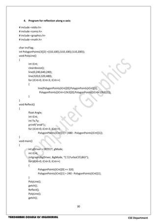 30
CSE DepartmentVARDHAMAN COLLEGE OF ENGINEERING
4. Program for reflection along x-axis:
# include <stdio.h>
# include <conio.h>
# include <graphics.h>
# include <math.h>
char IncFlag;
int PolygonPoints[3][2] ={{10,100},{110,100},{110,200}};
void PolyLine()
{
int iCnt;
cleardevice();
line(0,240,640,240);
line(320,0,320,480);
for (iCnt=0; iCnt<3; iCnt++)
{
line(PolygonPoints[iCnt][0],PolygonPoints[iCnt][1],
PolygonPoints[(iCnt+1)%3][0],PolygonPoints[(iCnt+1)%3][1]);
}
}
void Reflect()
{
float Angle;
int iCnt;
int Tx,Ty;
printf("endl");;
for (iCnt=0; iCnt<3; iCnt++)
PolygonPoints[iCnt][1] = (480 - PolygonPoints[iCnt][1]);
}
void main()
{
int gDriver = DETECT, gMode;
int iCnt;
initgraph(&gDriver, &gMode, "C:TurboC3BGI");
for (iCnt=0; iCnt<3; iCnt++)
{
PolygonPoints[iCnt][0] += 320;
PolygonPoints[iCnt][1] = 240 - PolygonPoints[iCnt][1];
}
PolyLine();
getch();
Reflect();
PolyLine();
getch();
 