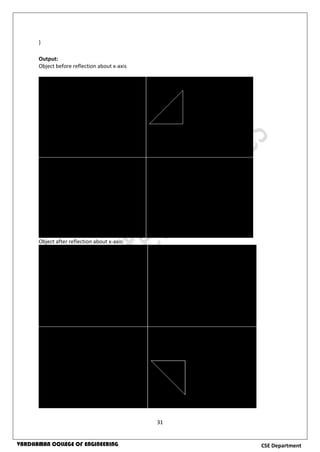 31
CSE DepartmentVARDHAMAN COLLEGE OF ENGINEERING
}
Output:
Object before reflection about x-axis
Object after reflection about x-axis:
 