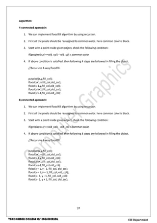 37
CSE DepartmentVARDHAMAN COLLEGE OF ENGINEERING
Algorithm:
4-connected approach:
1. We can implement flood fill algorithm by using recursion.
2. First all the pixels should be reassigned to common color. here common color is black.
3. Start with a point inside given object, check the following condition:
if(getpixel(x,y)==old_col)---old_col is common color
4. If above condition is satisfied, then following 4 steps are followed in filling the object.
//Recursive 4-way floodfill.
putpixel(x,y,fill_col);
flood(x+1,y,fill_col,old_col);
flood(x-1,y,fill_col,old_col);
flood(x,y+1,fill_col,old_col);
flood(x,y-1,fill_col,old_col);
8-connected approach:
1. We can implement flood fill algorithm by using recursion.
2. First all the pixels should be reassigned to common color. here common color is black.
3. Start with a point inside given object, check the following condition:
if(getpixel(x,y)==old_col)---old_col is common color
4. If above condition is satisfied, then following 8 steps are followed in filling the object.
//Recursive 4-way floodfill.
putpixel(x,y,fill_col);
flood(x+1,y,fill_col,old_col);
flood(x-1,y,fill_col,old_col);
flood(x,y+1,fill_col,old_col);
flood(x,y-1,fill_col,old_col);
flood(x + 1, y - 1, fill_col, old_col);
flood(x + 1, y + 1, fill_col, old_col);
flood(x - 1, y - 1, fill_col, old_col);
flood(x - 1, y + 1, fill_col, old_col);
 