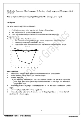 43
CSE DepartmentVARDHAMAN COLLEGE OF ENGINEERING
8-iii: By using the concept of Scan line polygon fill algorithm, write a C- program for filling a given object
with color?
Aim: To implement the Scan line polygon fill algorithm for coloring a given object.
Description:
The basic scan-line algorithm is as follows:
 Find the intersections of the scan line with all edges of the polygon
 Sort the intersections by increasing x coordinate
 Fill in all pixels between pairs of intersections that lie interior to the polygon
Process involved:
The scan-line polygon-filling algorithm involves
• the horizontal scanning of the polygon from its lowermost to its topmost vertex,
• identifying which edges intersect the scan-line,
• and finally drawing the interior horizontal lines with the specified fill color process.
Algorithm Steps:
1. the horizontal scanning of the polygon from its lowermost to its topmost vertex
2. identify the edge intersections of scan line with polygon
3. Build the edge table
a. Each entry in the table for a particular scan line contains the maximum y value for
that edge, the x-intercept value (at the lower vertex) for the edge, and the inverse
slope of the edge.
4. Determine whether any edges need to be splitted or not. If there is need to split, split the
edges.
5. Add new edges and build modified edge table.
6. Build Active edge table for each scan line and fill the polygon based on intersection of
scanline with polygon edges.
 