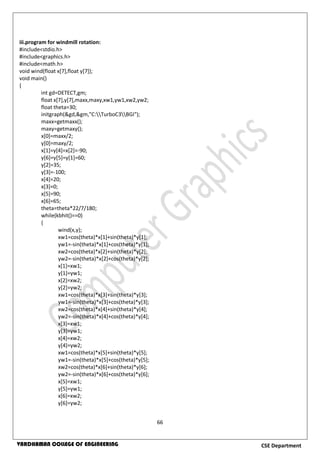66
CSE DepartmentVARDHAMAN COLLEGE OF ENGINEERING
iii.program for windmill rotation:
#include<stdio.h>
#include<graphics.h>
#include<math.h>
void wind(float x[7],float y[7]);
void main()
{
int gd=DETECT,gm;
float x[7],y[7],maxx,maxy,xw1,yw1,xw2,yw2;
float theta=30;
initgraph(&gd,&gm,"C:TurboC3BGI");
maxx=getmaxx();
maxy=getmaxy();
x[0]=maxx/2;
y[0]=maxy/2;
x[1]=y[4]=x[2]=-90;
y[6]=y[5]=y[1]=60;
y[2]=35;
y[3]=-100;
x[4]=20;
x[3]=0;
x[5]=90;
x[6]=65;
theta=theta*22/7/180;
while(kbhit()==0)
{
wind(x,y);
xw1=cos(theta)*x[1]+sin(theta)*y[1];
yw1=-sin(theta)*x[1]+cos(theta)*y[1];
xw2=cos(theta)*x[2]+sin(theta)*y[2];
yw2=-sin(theta)*x[2]+cos(theta)*y[2];
x[1]=xw1;
y[1]=yw1;
x[2]=xw2;
y[2]=yw2;
xw1=cos(theta)*x[3]+sin(theta)*y[3];
yw1=-sin(theta)*x[3]+cos(theta)*y[3];
xw2=cos(theta)*x[4]+sin(theta)*y[4];
yw2=-sin(theta)*x[4]+cos(theta)*y[4];
x[3]=xw1;
y[3]=yw1;
x[4]=xw2;
y[4]=yw2;
xw1=cos(theta)*x[5]+sin(theta)*y[5];
yw1=-sin(theta)*x[5]+cos(theta)*y[5];
xw2=cos(theta)*x[6]+sin(theta)*y[6];
yw2=-sin(theta)*x[6]+cos(theta)*y[6];
x[5]=xw1;
y[5]=yw1;
x[6]=xw2;
y[6]=yw2;
 
