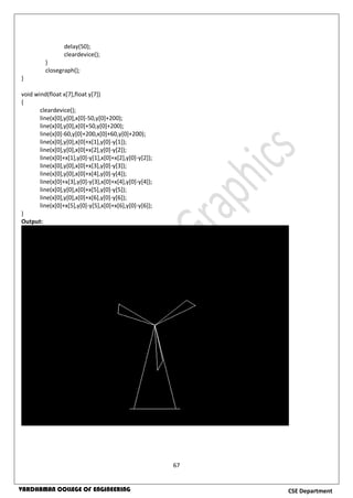 67
CSE DepartmentVARDHAMAN COLLEGE OF ENGINEERING
delay(50);
cleardevice();
}
closegraph();
}
void wind(float x[7],float y[7])
{
cleardevice();
line(x[0],y[0],x[0]-50,y[0]+200);
line(x[0],y[0],x[0]+50,y[0]+200);
line(x[0]-60,y[0]+200,x[0]+60,y[0]+200);
line(x[0],y[0],x[0]+x[1],y[0]-y[1]);
line(x[0],y[0],x[0]+x[2],y[0]-y[2]);
line(x[0]+x[1],y[0]-y[1],x[0]+x[2],y[0]-y[2]);
line(x[0],y[0],x[0]+x[3],y[0]-y[3]);
line(x[0],y[0],x[0]+x[4],y[0]-y[4]);
line(x[0]+x[3],y[0]-y[3],x[0]+x[4],y[0]-y[4]);
line(x[0],y[0],x[0]+x[5],y[0]-y[5]);
line(x[0],y[0],x[0]+x[6],y[0]-y[6]);
line(x[0]+x[5],y[0]-y[5],x[0]+x[6],y[0]-y[6]);
}
Output:
 