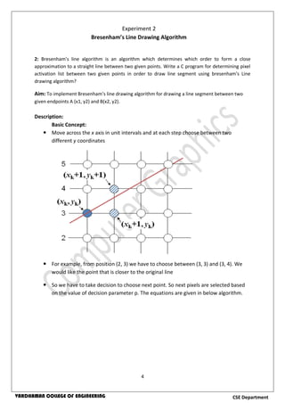 4
CSE DepartmentVARDHAMAN COLLEGE OF ENGINEERING
2: Bresenham’s line algorithm is an algorithm which determines which order to form a close
approximation to a straight line between two given points. Write a C program for determining pixel
activation list between two given points in order to draw line segment using bresenham’s Line
drawing algorithm?
Aim: To implement Bresenham’s line drawing algorithm for drawing a line segment between two
given endpoints A (x1, y2) and B(x2, y2).
Description:
Basic Concept:
 Move across the x axis in unit intervals and at each step choose between two
different y coordinates
 For example, from position (2, 3) we have to choose between (3, 3) and (3, 4). We
would like the point that is closer to the original line
 So we have to take decision to choose next point. So next pixels are selected based
on the value of decision parameter p. The equations are given in below algorithm.
Experiment 2
Bresenham’s Line Drawing Algorithm
 