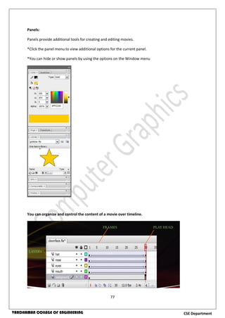 77
CSE DepartmentVARDHAMAN COLLEGE OF ENGINEERING
Panels:
Panels provide additional tools for creating and editing movies.
*Click the panel menu to view additional options for the current panel.
*You can hide or show panels by using the options on the Window menu
You can organize and control the content of a movie over timeline.
 