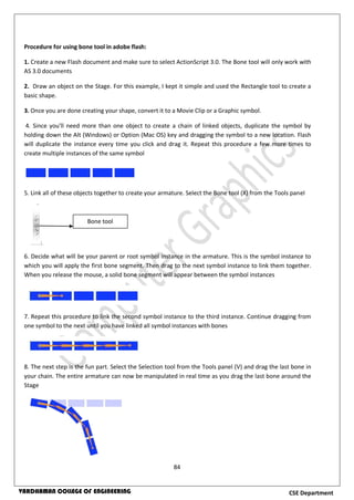 84
CSE DepartmentVARDHAMAN COLLEGE OF ENGINEERING
Procedure for using bone tool in adobe flash:
1. Create a new Flash document and make sure to select ActionScript 3.0. The Bone tool will only work with
AS 3.0 documents
2. Draw an object on the Stage. For this example, I kept it simple and used the Rectangle tool to create a
basic shape.
3. Once you are done creating your shape, convert it to a Movie Clip or a Graphic symbol.
4. Since you'll need more than one object to create a chain of linked objects, duplicate the symbol by
holding down the Alt (Windows) or Option (Mac OS) key and dragging the symbol to a new location. Flash
will duplicate the instance every time you click and drag it. Repeat this procedure a few more times to
create multiple instances of the same symbol
5. Link all of these objects together to create your armature. Select the Bone tool (X) from the Tools panel
6. Decide what will be your parent or root symbol instance in the armature. This is the symbol instance to
which you will apply the first bone segment. Then drag to the next symbol instance to link them together.
When you release the mouse, a solid bone segment will appear between the symbol instances
7. Repeat this procedure to link the second symbol instance to the third instance. Continue dragging from
one symbol to the next until you have linked all symbol instances with bones
8. The next step is the fun part. Select the Selection tool from the Tools panel (V) and drag the last bone in
your chain. The entire armature can now be manipulated in real time as you drag the last bone around the
Stage
Bone tool
 
