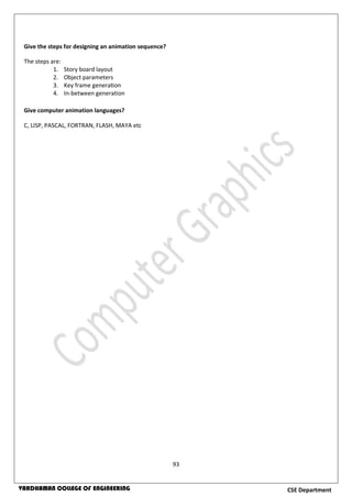 93
CSE DepartmentVARDHAMAN COLLEGE OF ENGINEERING
Give the steps for designing an animation sequence?
The steps are:
1. Story board layout
2. Object parameters
3. Key frame generation
4. In-between generation
Give computer animation languages?
C, LISP, PASCAL, FORTRAN, FLASH, MAYA etc
 