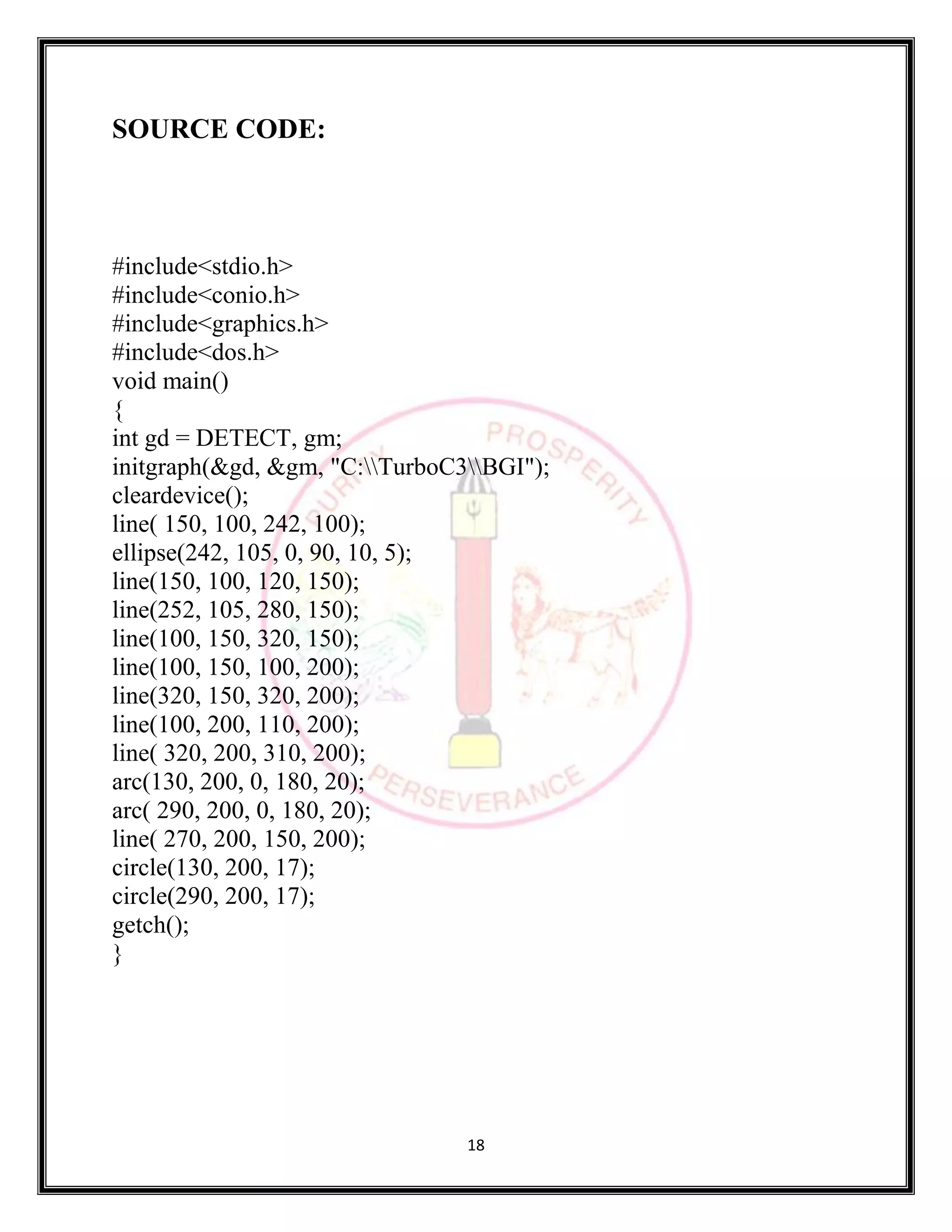 18
SOURCE CODE:
#include<stdio.h>
#include<conio.h>
#include<graphics.h>
#include<dos.h>
void main()
{
int gd = DETECT, gm;
initgraph(&gd, &gm, "C:TurboC3BGI");
cleardevice();
line( 150, 100, 242, 100);
ellipse(242, 105, 0, 90, 10, 5);
line(150, 100, 120, 150);
line(252, 105, 280, 150);
line(100, 150, 320, 150);
line(100, 150, 100, 200);
line(320, 150, 320, 200);
line(100, 200, 110, 200);
line( 320, 200, 310, 200);
arc(130, 200, 0, 180, 20);
arc( 290, 200, 0, 180, 20);
line( 270, 200, 150, 200);
circle(130, 200, 17);
circle(290, 200, 17);
getch();
}
 