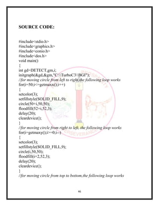 46
SOURCE CODE:
#include<stdio.h>
#include<graphics.h>
#include<conio.h>
#include<dos.h>
void main()
{
int gd=DETECT,gm,i;
initgraph(&gd,&gm,"C:TurboC3BGI");
//for moving circle from left to right,the following loop works
for(i=50;i<=getmaxx();i++)
{
setcolor(3);
setfillstyle(SOLID_FILL,9);
circle(50+i,50,50);
floodfill(52+i,52,3);
delay(20);
cleardevice();
}
//for moving circle from right to left, the following loop works
for(i=getmaxy();i>=0;i--)
{
setcolor(3);
setfillstyle(SOLID_FILL,9);
circle(i,50,50);
floodfill(i+2,52,3);
delay(20);
cleardevice();
}
//for moving circle from top to bottom,the following loop works
 