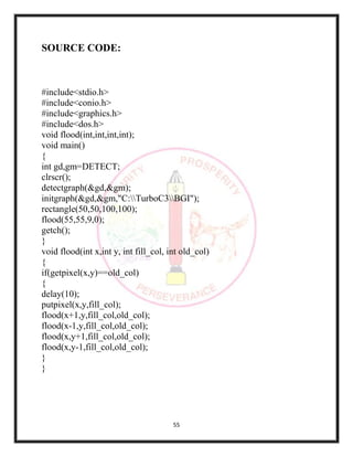 55
SOURCE CODE:
#include<stdio.h>
#include<conio.h>
#include<graphics.h>
#include<dos.h>
void flood(int,int,int,int);
void main()
{
int gd,gm=DETECT;
clrscr();
detectgraph(&gd,&gm);
initgraph(&gd,&gm,"C:TurboC3BGI");
rectangle(50,50,100,100);
flood(55,55,9,0);
getch();
}
void flood(int x,int y, int fill_col, int old_col)
{
if(getpixel(x,y)==old_col)
{
delay(10);
putpixel(x,y,fill_col);
flood(x+1,y,fill_col,old_col);
flood(x-1,y,fill_col,old_col);
flood(x,y+1,fill_col,old_col);
flood(x,y-1,fill_col,old_col);
}
}
 