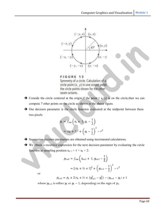 Computer Graphics and Visualization Module 1
Page 60
 Conside the circle centered at the origin,if the point ( x, y) is on the circle,then we can
compute 7 other points on the circle as shown in the above figure.
 Our decision parameter is the circle function evaluated at the midpoint between these
two pixels:
 Successive decision parameters are obtained using incremental calculations.
 We obtain a recursive expression for the next decision parameter by evaluating the circle
function at sampling position xk+1 + 1 = xk + 2:
v
t
u
c
l
o
u
d
.
i
n
 