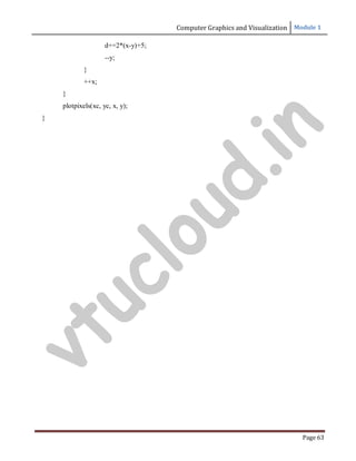 Computer Graphics and Visualization Module 1
Page 63
}
++x;
}
d+=2*(x-y)+5;
--y;
plotpixels(xc, yc, x, y);
}
v
t
u
c
l
o
u
d
.
i
n
 