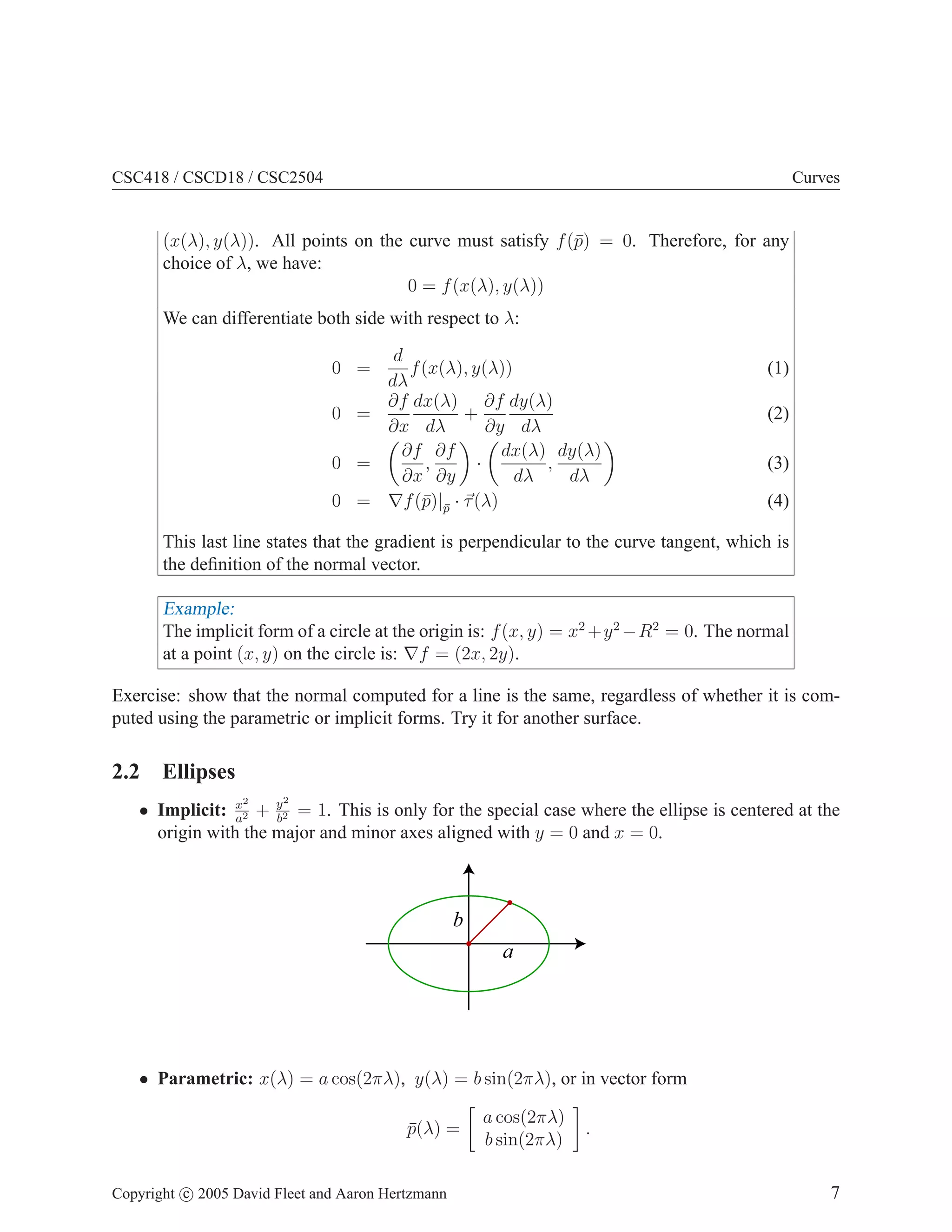 CSC418 / CSCD18 / CSC2504

Curves

(x(λ), y(λ)). All points on the curve must satisfy f (¯) = 0. Therefore, for any
p
choice of λ, we have:
0 = f (x(λ), y(λ))
We can differentiate both side with respect to λ:
d
f (x(λ), y(λ))
dλ
∂f dx(λ) ∂f dy(λ)
+
0 =
∂x dλ
∂y dλ
∂f ∂f
dx(λ) dy(λ)
0 =
·
,
,
∂x ∂y
dλ
dλ
0 = ∇f (¯)|p · τ (λ)
p ¯

0 =

(1)
(2)
(3)
(4)

This last line states that the gradient is perpendicular to the curve tangent, which is
the deﬁnition of the normal vector.

Example:
The implicit form of a circle at the origin is: f (x, y) = x2 +y 2 −R2 = 0. The normal
at a point (x, y) on the circle is: ∇f = (2x, 2y).
Exercise: show that the normal computed for a line is the same, regardless of whether it is computed using the parametric or implicit forms. Try it for another surface.

2.2 Ellipses
2

2

• Implicit: x2 + y2 = 1. This is only for the special case where the ellipse is centered at the
a
b
origin with the major and minor axes aligned with y = 0 and x = 0.

b
a

• Parametric: x(λ) = a cos(2πλ), y(λ) = b sin(2πλ), or in vector form
p(λ) =
¯

Copyright c 2005 David Fleet and Aaron Hertzmann

a cos(2πλ)
b sin(2πλ)

.

7

 