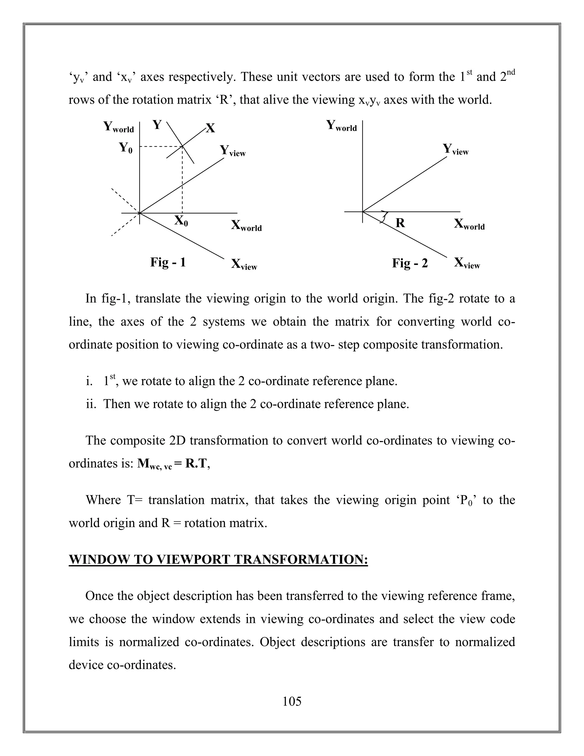 105
‘yv’ and ‘xv’ axes respectively. These unit vectors are used to form the 1st
and 2nd
rows of the rotation matrix ‘R’, that alive the viewing xvyv axes with the world.
In fig-1, translate the viewing origin to the world origin. The fig-2 rotate to a
line, the axes of the 2 systems we obtain the matrix for converting world co-
ordinate position to viewing co-ordinate as a two- step composite transformation.
i. 1st
, we rotate to align the 2 co-ordinate reference plane.
ii. Then we rotate to align the 2 co-ordinate reference plane.
The composite 2D transformation to convert world co-ordinates to viewing co-
ordinates is: Mwc, vc = R.T,
Where T= translation matrix, that takes the viewing origin point ‘P0’ to the
world origin and R = rotation matrix.
WINDOW TO VIEWPORT TRANSFORMATION:
Once the object description has been transferred to the viewing reference frame,
we choose the window extends in viewing co-ordinates and select the view code
limits is normalized co-ordinates. Object descriptions are transfer to normalized
device co-ordinates.
Yview
Xview
Xworld
Yworld Y X
X0
Y0 Yview
Xview
Xworld
Yworld
R
Fig - 1 Fig - 2
 