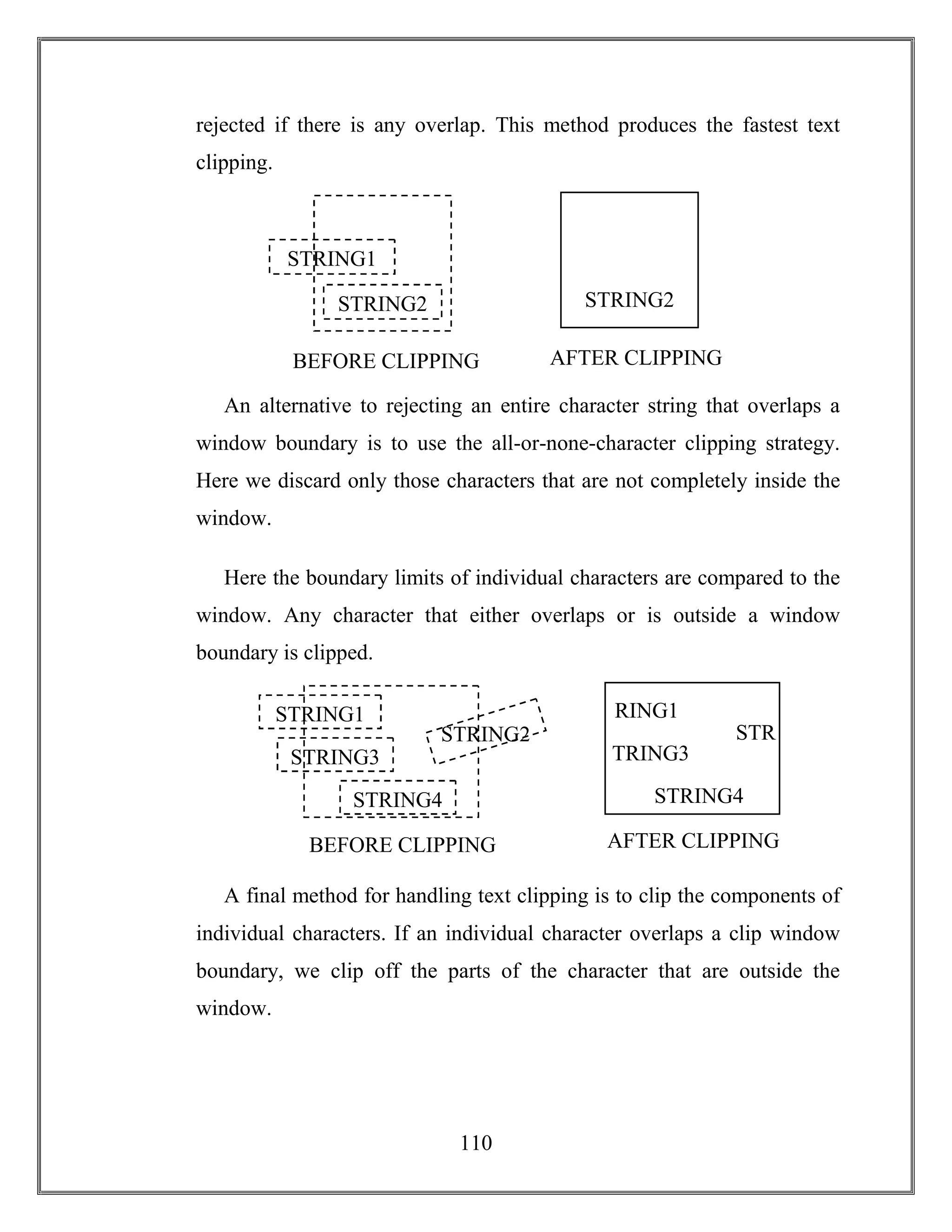 110
rejected if there is any overlap. This method produces the fastest text
clipping.
An alternative to rejecting an entire character string that overlaps a
window boundary is to use the all-or-none-character clipping strategy.
Here we discard only those characters that are not completely inside the
window.
Here the boundary limits of individual characters are compared to the
window. Any character that either overlaps or is outside a window
boundary is clipped.
A final method for handling text clipping is to clip the components of
individual characters. If an individual character overlaps a clip window
boundary, we clip off the parts of the character that are outside the
window.
STRING2
STRING1
BEFORE CLIPPING
STRING2
AFTER CLIPPING
STRING3
STRING1
BEFORE CLIPPING
STRING4
STRING2
TRING3
RING1
AFTER CLIPPING
STRING4
STR
 