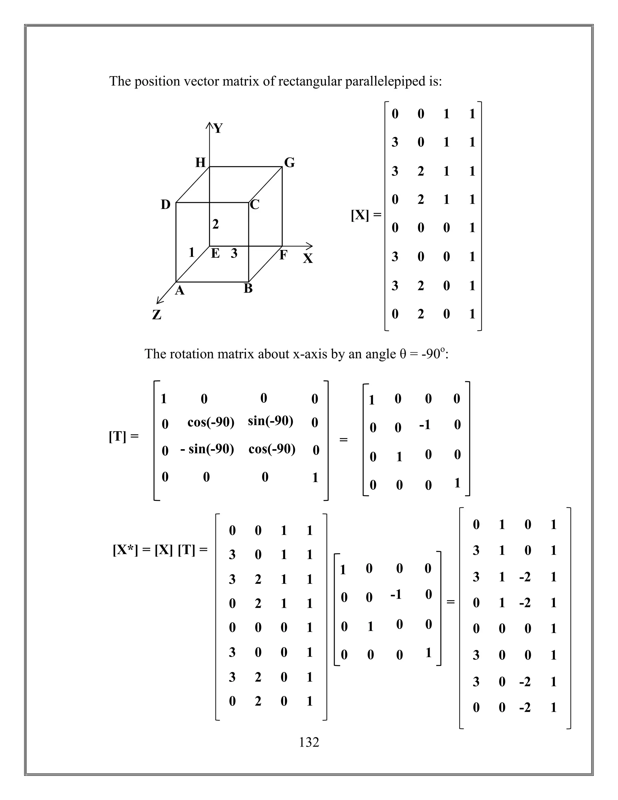 132
The position vector matrix of rectangular parallelepiped is:
The rotation matrix about x-axis by an angle θ = -90o
:
A B
CD
E F
GH
1
2
3 X
Y
Z
0 0 1 1
3 0 1 1
3 2 1 1
0 2 1 1
0 0 0 1
3 0 0 1
3 2 0 1
0 2 0 1
[X] =
cos(-90) sin(-90)
90)
- sin(-90) cos(-90)
[T] =
0 0
0
0
1
0 0
0
0
0
01
0 -1
1 0
=
0 0
0
0
1
0 0
0
0
0
01
[X*] = [X] [T] =
0 0 1 1
3 0 1 1
3 2 1 1
0 2 1 1
0 0 0 1
3 0 0 1
3 2 0 1
0 2 0 1
0 -1
1 0
=
0 0
0
0
1
0 0
0
0
0
01
0 1 0 1
3 1 0 1
3 1 -2 1
0 1 -2 1
0 0 0 1
3 0 0 1
3 0 -2 1
0 0 -2 1
 