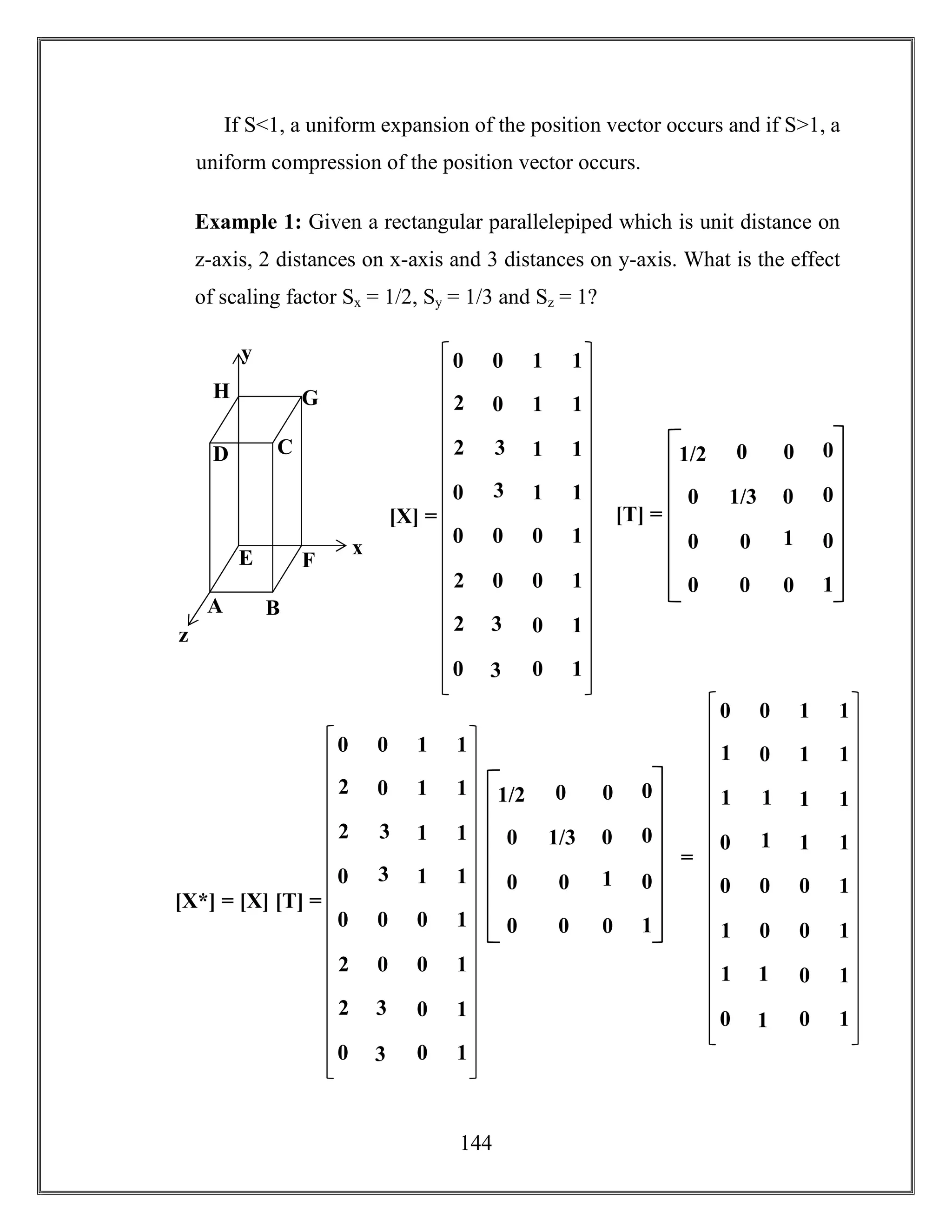 144
If S<1, a uniform expansion of the position vector occurs and if S>1, a
uniform compression of the position vector occurs.
Example 1: Given a rectangular parallelepiped which is unit distance on
z-axis, 2 distances on x-axis and 3 distances on y-axis. What is the effect
of scaling factor Sx = 1/2, Sy = 1/3 and Sz = 1?
x
y
z
A B
CD
E F
GH
0 0 1 1
3
0 1 1
3
2
1 1
0
2
1 1
0 0 0 1
3
0 0 1
3
2
0 1
0
2
0 1
[X] = [T] =
1/3 0
0 1
0 0
0
0
1
0 0
0
0
0
01/2
0 0 1 1
1
0 1 1
1
1
1 1
0
1
1 1
0 0 0 1
1
0 0 1
1
1
0 1
0
1
0 1
=
1/3 0
0 1
0 0
0
0
1
0 0
0
0
0
01/2
[X*] = [X] [T] =
0 0 1 1
3
0 1 1
3
2
1 1
0
2
1 1
0 0 0 1
3
0 0 1
3
2
0 1
0
2
0 1
 