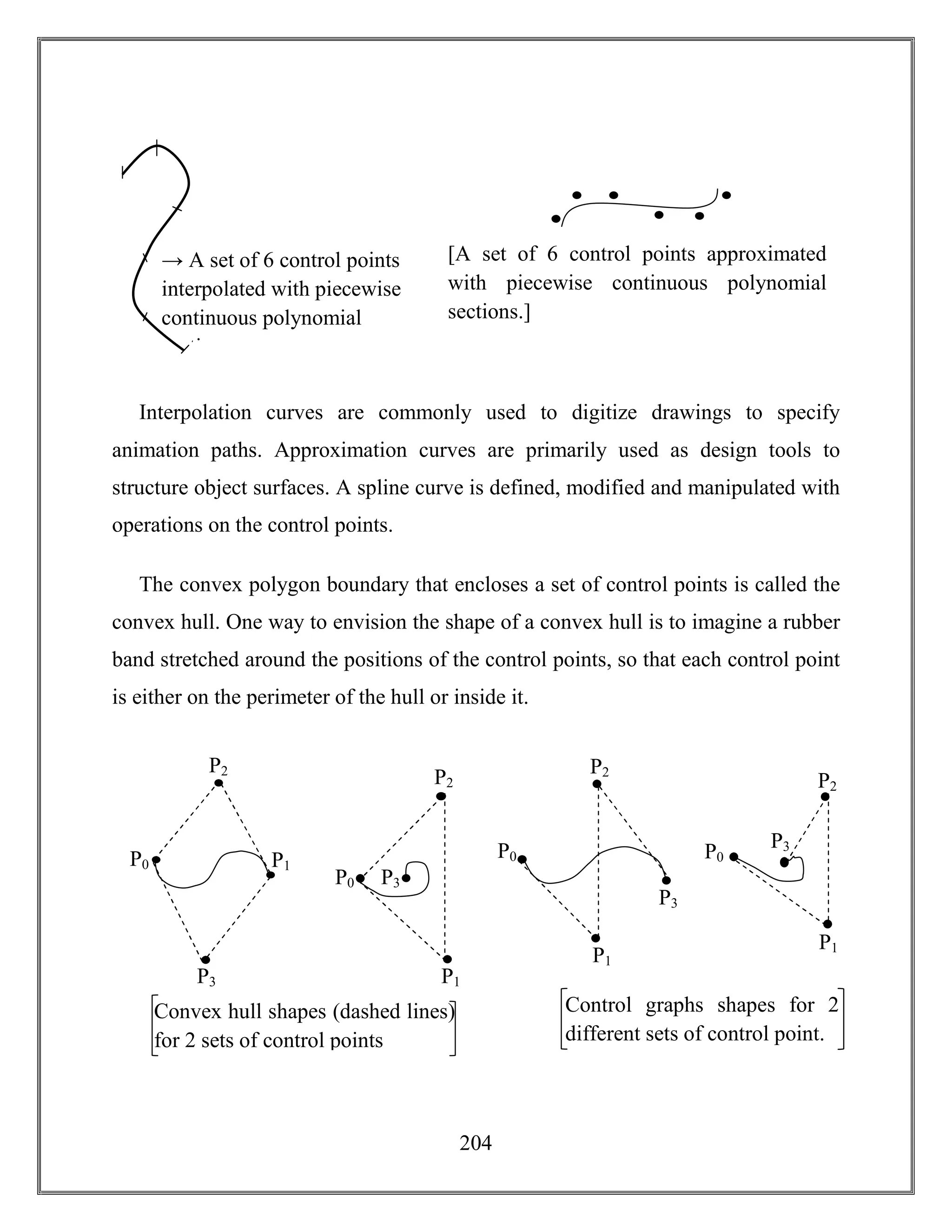 204
Interpolation curves are commonly used to digitize drawings to specify
animation paths. Approximation curves are primarily used as design tools to
structure object surfaces. A spline curve is defined, modified and manipulated with
operations on the control points.
The convex polygon boundary that encloses a set of control points is called the
convex hull. One way to envision the shape of a convex hull is to imagine a rubber
band stretched around the positions of the control points, so that each control point
is either on the perimeter of the hull or inside it.
P0 P1
P2
P3
P0
P1
P2
P3
2
Convex hull shapes (dashed lines)
for 2 sets of control points
P0
P1
P2
2
P3
2
P0
P1
P2
2
P3
Control graphs shapes for 2
different sets of control point.
→ A set of 6 control points
interpolated with piecewise
continuous polynomial
sections.
[A set of 6 control points approximated
with piecewise continuous polynomial
sections.]
 