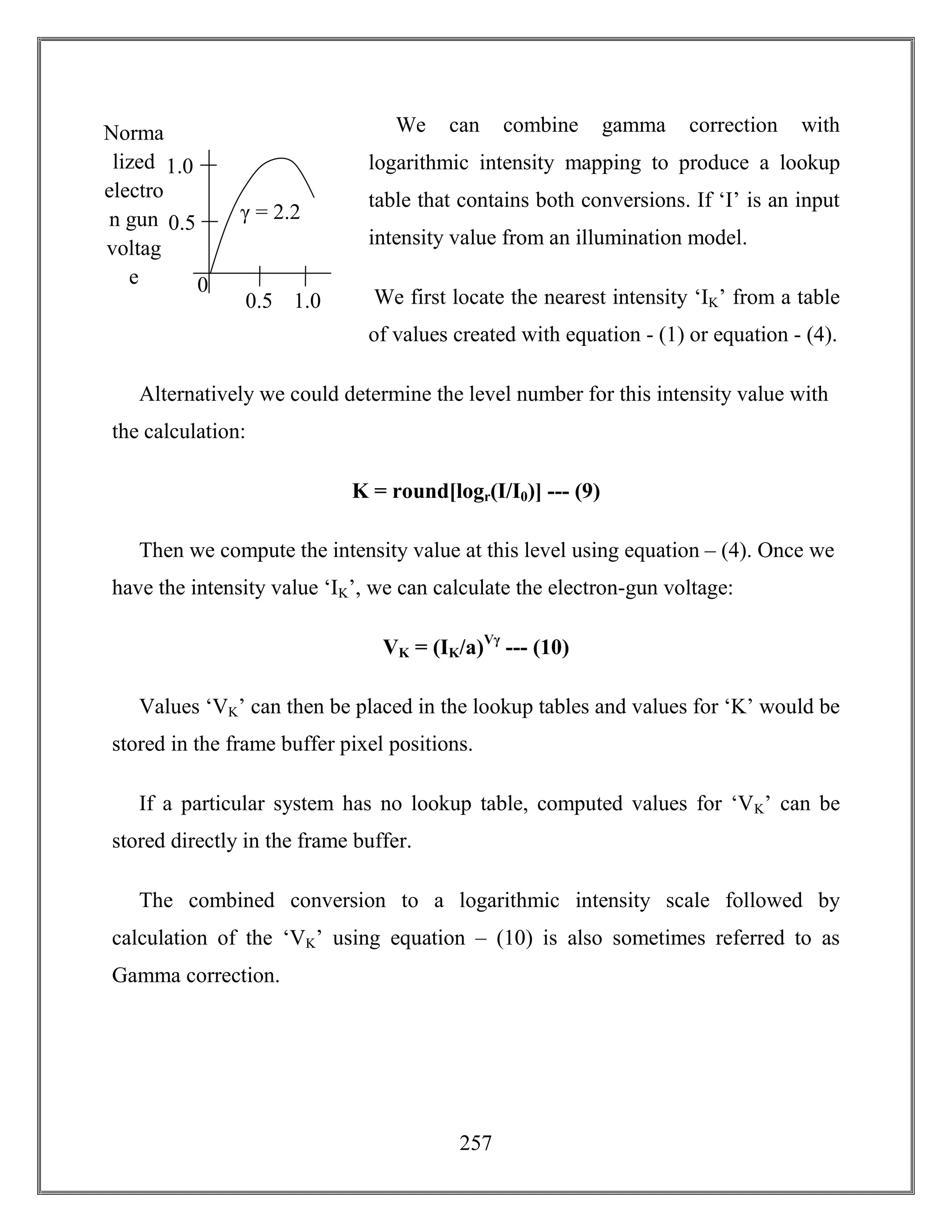 257
We can combine gamma correction with
logarithmic intensity mapping to produce a lookup
table that contains both conversions. If ‘I’ is an input
intensity value from an illumination model.
We first locate the nearest intensity ‘IK’ from a table
of values created with equation - (1) or equation - (4).
Alternatively we could determine the level number for this intensity value with
the calculation:
K = round[logr(I/I0)] --- (9)
Then we compute the intensity value at this level using equation – (4). Once we
have the intensity value ‘IK’, we can calculate the electron-gun voltage:
VK = (IK/a)Vγ
--- (10)
Values ‘VK’ can then be placed in the lookup tables and values for ‘K’ would be
stored in the frame buffer pixel positions.
If a particular system has no lookup table, computed values for ‘VK’ can be
stored directly in the frame buffer.
The combined conversion to a logarithmic intensity scale followed by
calculation of the ‘VK’ using equation – (10) is also sometimes referred to as
Gamma correction.
1.0
Norma
lized
electro
n gun
voltag
e
1.00.5
0
0.5 γ = 2.2
 