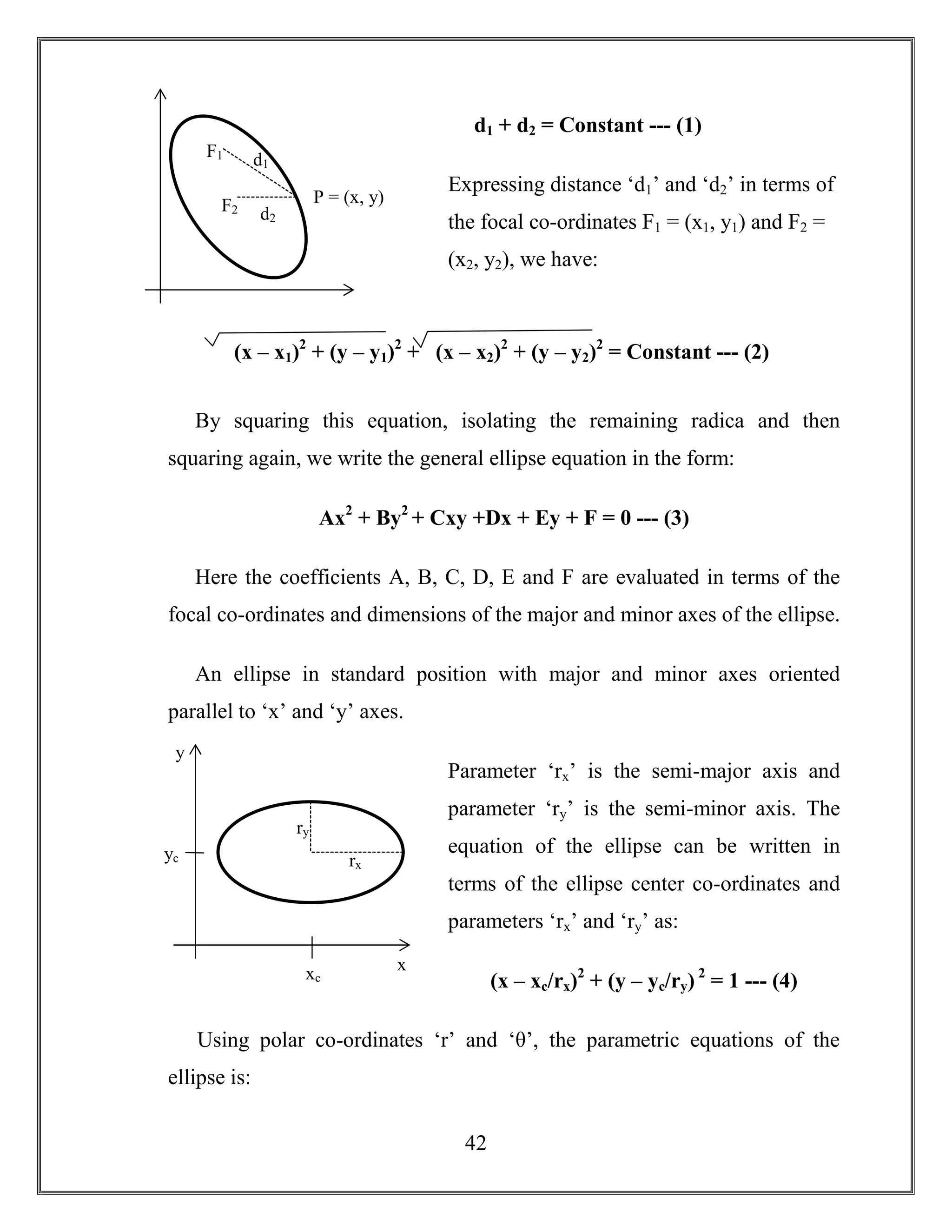 42
d1 + d2 = Constant --- (1)
Expressing distance ‘d1’ and ‘d2’ in terms of
the focal co-ordinates F1 = (x1, y1) and F2 =
(x2, y2), we have:
By squaring this equation, isolating the remaining radica and then
squaring again, we write the general ellipse equation in the form:
Ax2
+ By2
+ Cxy +Dx + Ey + F = 0 --- (3)
Here the coefficients A, B, C, D, E and F are evaluated in terms of the
focal co-ordinates and dimensions of the major and minor axes of the ellipse.
An ellipse in standard position with major and minor axes oriented
parallel to ‘x’ and ‘y’ axes.
Parameter ‘rx’ is the semi-major axis and
parameter ‘ry’ is the semi-minor axis. The
equation of the ellipse can be written in
terms of the ellipse center co-ordinates and
parameters ‘rx’ and ‘ry’ as:
(x – xc/rx)2
+ (y – yc/ry) 2
= 1 --- (4)
Using polar co-ordinates ‘r’ and ‘θ’, the parametric equations of the
ellipse is:
(x – x1)2
+ (y – y1)2
+ (x – x2)2
+ (y – y2)2
= Constant --- (2)
d1
d2
F1
F2
P = (x, y)
ry
rx
yc
xc
y
x
 