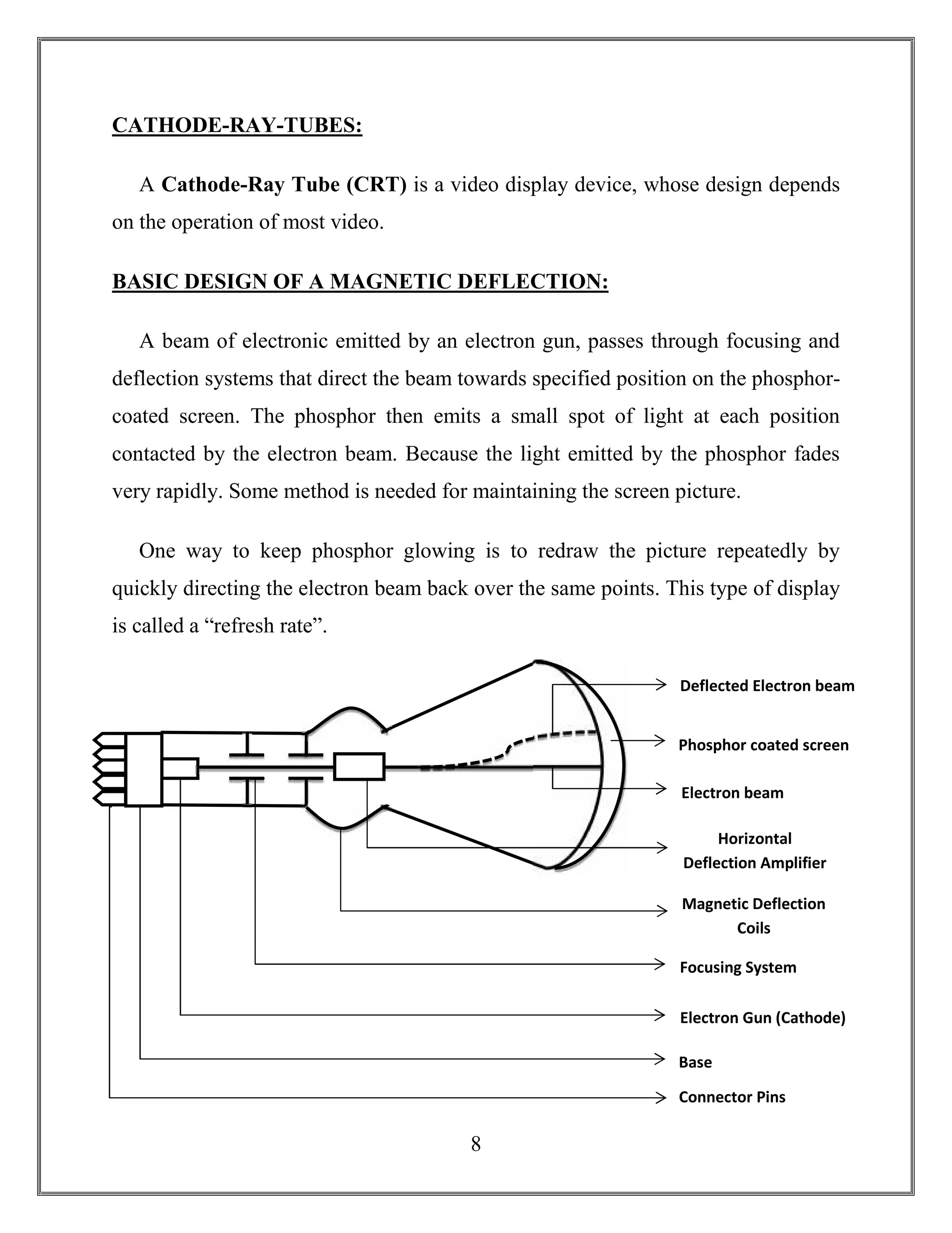 8
CATHODE-RAY-TUBES:
A Cathode-Ray Tube (CRT) is a video display device, whose design depends
on the operation of most video.
BASIC DESIGN OF A MAGNETIC DEFLECTION:
A beam of electronic emitted by an electron gun, passes through focusing and
deflection systems that direct the beam towards specified position on the phosphor-
coated screen. The phosphor then emits a small spot of light at each position
contacted by the electron beam. Because the light emitted by the phosphor fades
very rapidly. Some method is needed for maintaining the screen picture.
One way to keep phosphor glowing is to redraw the picture repeatedly by
quickly directing the electron beam back over the same points. This type of display
is called a “refresh rate”.
Phosphor coated screen
Deflected Electron beam
Electron beam
Connector Pins
Electron Gun (Cathode)
Base
Focusing System
Magnetic Deflection
Coils
Horizontal
Deflection Amplifier
 