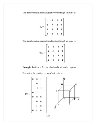 147
The transformation matrix for reflection through yz-plane is:
The transformation matrix for reflection through xz-plane is:
Example: Perform reflection of unit cube about the xy-plane.
The matrix for position vector of unit cube is:
[T]yz =
1 0
0 1
0 0
0
0
1
0 0
0
0
0
0-1
[X] =
0 0 1 1
1
0 1 1
1
1
1 1
0
1
1 1
0 0 0 1
1
0 0 1
1
1
0 1
0
1
0 1
A B
CD
E F
GH
X
Y
Z
[T]xz =
-1 0
0 1
0 0
0
0
1
0 0
0
0
0
01
 