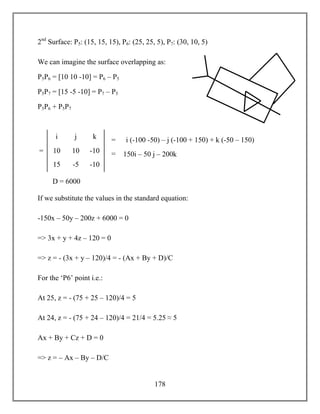 178
2nd
Surface: P5: (15, 15, 15), P6: (25, 25, 5), P7: (30, 10, 5)
We can imagine the surface overlapping as:
P5P6 = [10 10 -10] = P6 – P5
P5P7 = [15 -5 -10] = P7 – P5
P5P6 + P5P7
If we substitute the values in the standard equation:
-150x – 50y – 200z + 6000 = 0
=> 3x + y + 4z – 120 = 0
=> z = - (3x + y – 120)/4 = - (Ax + By + D)/C
For the ‘P6’ point i.e.:
At 25, z = - (75 + 25 – 120)/4 = 5
At 24, z = - (75 + 24 – 120)/4 = 21/4 = 5.25 ≈ 5
Ax + By + Cz + D = 0
=> z = – Ax – By – D/C
=
i i (-100 -50) – j (-100 + 150) + k (-50 – 150)
10
j k
10 -10
15 -5 -10
=
= 150i – 50 j – 200k
D = 6000
 