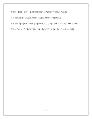 232
P(0.7) = P0(1 – 0.7)3
+ P1(3(0.7)(0.3)2
) + P2(3(0.7)2
(0.3)) + P3(0.3)3
= [1 0](0.027) + [3 3]( 0.189) + [6 3] (0.441) + [8 1](0.343)
= [0.027 0] + [0.567 0.567] + [2.646 1.323] + [2.744 0.343] = [5.984 2.233]
P(1) = P0(1 – 1)3
+ P1(3(1)(1 - 1)2
) + P2(3(1)2
(1 - 1)) + P3(1)3
=> P3 = [8 1]
 