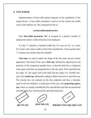 61
ii. LINE WIDTH:
Implementation of line-width options depends on the capabilities of the
output device. A line-width command is used to set the current line-width
value in the attribute set. The command for this is:
set linewidthscalefactor(lw)
Here line-width parameter ‘lw’ is assigned to a positive number to
indicate the relative width of the line to be displayed.
A value ‘1’ specifies a standard width line. If a user set ‘lw’ to a value
0.5 to plot a line whose width is half of the standard line. Values greater than
‘1’ produce lines thicker than the standard.
Line-caps are used to adjust the shape of the line ends and give better
appearance. One kind of line cap is butt cap, obtained by adjusting the end
positions of the component parallel lines, so that the thick line is displayed
with square ends that are perpendicular to the line path. If the specified line
has slope ‘m’, the square end of the thick line has slope 1/m. Another line-
cap is the round cap, obtained by adding a filled semicircle to each butt cap.
The circular arcs are centered on the line endpoints and have a diameter
equal to the line thickness. A third type of line cap is the projecting square
cap, where we simply extended the line and add butt caps that are positioned
one-half of the line with beyond the specified end points.
[BUTTCAP] [ROUNDCAP] [PROJECTING SQUARE CAP]
 