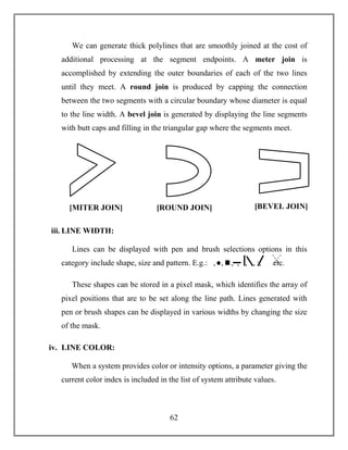 62
We can generate thick polylines that are smoothly joined at the cost of
additional processing at the segment endpoints. A meter join is
accomplished by extending the outer boundaries of each of the two lines
until they meet. A round join is produced by capping the connection
between the two segments with a circular boundary whose diameter is equal
to the line width. A bevel join is generated by displaying the line segments
with butt caps and filling in the triangular gap where the segments meet.
iii. LINE WIDTH:
Lines can be displayed with pen and brush selections options in this
category include shape, size and pattern. E.g.: , , , , , , :, etc.
These shapes can be stored in a pixel mask, which identifies the array of
pixel positions that are to be set along the line path. Lines generated with
pen or brush shapes can be displayed in various widths by changing the size
of the mask.
iv. LINE COLOR:
When a system provides color or intensity options, a parameter giving the
current color index is included in the list of system attribute values.
[MITER JOIN] [ROUND JOIN] [BEVEL JOIN]
 