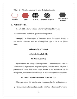 65
Where fc = fill color parameter is set to desired color code.
ii. PATTERN FILL:
We select fill patterns with set InteriorStyleIndex(Pi), where
Pi = Pattern index parameter, specifies a table position.
Example: The following set of statements would fill the area defined in
the fill area command with the second pattern type stored in the pattern
table:
set InteriorStyle(Pattern);
set InteriorStyleIndexI2);
fill Area(n, points);
Separate tables are set up for hatch patterns. If we had selected hatch fill
for the interior style in this program segment, then the value assigned to
parameter ‘Pi’ is an index to the stored patterns in the hatch table. For fill
style pattern, table entries can be created on individual output devices with:
set PatternRepresentation (ws, Pi, nx, ny, cp);
Where, parameter ‘Pi’ sets the pattern index number for workstation ws.
cp = two dimensional array of color codes with ‘nx’ columns and ‘ny’ rows.
HOLLOW SOLID PATTERN
N
DIAGONAL HATCH FILL DIAGONAL CROSS
HATCH FILL
 