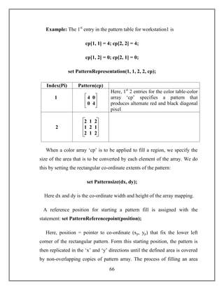 66
Example: The 1st
entry in the pattern table for workstation1 is
cp[1, 1] = 4; cp[2, 2] = 4;
cp[1, 2] = 0; cp[2, 1] = 0;
set PatternRepresentation(1, 1, 2, 2, cp);
Index(Pi) Pattern(cp)
1 4 0
0 4
Here, 1st
2 entries for the color table-color
array ‘cp’ specifies a pattern that
produces alternate red and black diagonal
pixel
2
2 1 2
1 2 1
2 1 2
When a color array ‘cp’ is to be applied to fill a region, we specify the
size of the area that is to be converted by each element of the array. We do
this by setting the rectangular co-ordinate extents of the pattern:
set Patternsize(dx, dy);
Here dx and dy is the co-ordinate width and height of the array mapping.
A reference position for starting a pattern fill is assigned with the
statement: set PatternReferencepoint(position);
Here, position = pointer to co-ordinate (xp, yp) that fix the lower left
corner of the rectangular pattern. Form this starting position, the pattern is
then replicated in the ‘x’ and ‘y’ directions until the defined area is covered
by non-overlapping copies of pattern array. The process of filling an area
 