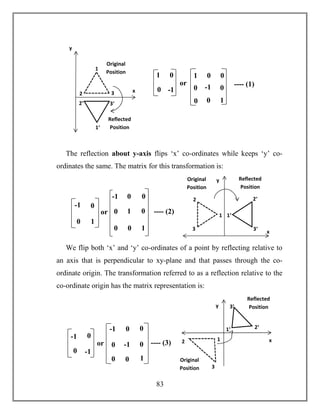 83
The reflection about y-axis flips ‘x’ co-ordinates while keeps ‘y’ co-
ordinates the same. The matrix for this transformation is:
We flip both ‘x’ and ‘y’ co-ordinates of a point by reflecting relative to
an axis that is perpendicular to xy-plane and that passes through the co-
ordinate origin. The transformation referred to as a reflection relative to the
co-ordinate origin has the matrix representation is:
1
2 3
2ꞌ 3ꞌ
1ꞌ
x
y
Original
Position
Reflected
Position
or ---- (1)
1
0
0
-1
0
1
0
0 0
1
0
0
-1
1
2
3
2ꞌ
3ꞌ
1ꞌ
y
x
Original
Position
Reflected
Position
or ---- (2)
-1
0
0
1
0
1
0
0 0
-1
0
0
1
12
3
2ꞌ
3ꞌ
1ꞌ
y
x
Original
Position
Reflected
Position
or ---- (3)
-1
0
0
-1
0
1
0
0 0
-1
0
0
-1
 