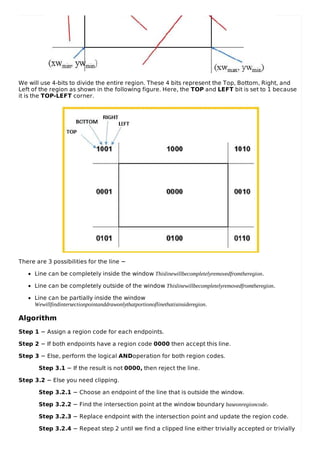 We will use 4-bits to divide the entire region. These 4 bits represent the Top, Bottom, Right, and
Left of the region as shown in the following figure. Here, the TOP and LEFT bit is set to 1 because
it is the TOP-LEFT corner.
There are 3 possibilities for the line −
Line can be completely inside the window Thislinewillbecompletelyremovedfromtheregion.
Line can be completely outside of the window Thislinewillbecompletelyremovedfromtheregion.
Line can be partially inside the window
Wewillfindintersectionpointanddrawonlythatportionoflinethatisinsideregion.
Algorithm
Step 1 − Assign a region code for each endpoints.
Step 2 − If both endpoints have a region code 0000 then accept this line.
Step 3 − Else, perform the logical ANDoperation for both region codes.
Step 3.1 − If the result is not 0000, then reject the line.
Step 3.2 − Else you need clipping.
Step 3.2.1 − Choose an endpoint of the line that is outside the window.
Step 3.2.2 − Find the intersection point at the window boundary baseonregioncode.
Step 3.2.3 − Replace endpoint with the intersection point and update the region code.
Step 3.2.4 − Repeat step 2 until we find a clipped line either trivially accepted or trivially
 
