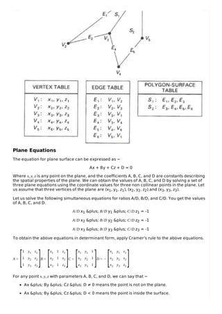 Plane Equations
The equation for plane surface can be expressed as −
Ax + By + Cz + D = 0
Where x, y, z is any point on the plane, and the coefficients A, B, C, and D are constants describing
the spatial properties of the plane. We can obtain the values of A, B, C, and D by solving a set of
three plane equations using the coordinate values for three non collinear points in the plane. Let
us assume that three vertices of the plane are (x1, y1, z1), (x2, y2, z2) and (x3, y3, z3).
Let us solve the following simultaneous equations for ratios A/D, B/D, and C/D. You get the values
of A, B, C, and D.
A/D x1 &plus; B/D y1 &plus; C/D z1 = -1
A/D x2 &plus; B/D y2 &plus; C/D z2 = -1
A/D x3 &plus; B/D y3 &plus; C/D z3 = -1
To obtain the above equations in determinant form, apply Cramer’s rule to the above equations.
A =
1 y1 z1
1 y2 z2
1 y3 z3
B =
x1 1 z1
x2 1 z2
x3 1 z3
C =
x1 y1 1
x2 y2 1
x3 y3 1
D = −
x1 y1 z1
x2 y2 z2
x3 y3 z3
For any point x, y, z with parameters A, B, C, and D, we can say that −
Ax &plus; By &plus; Cz &plus; D ≠ 0 means the point is not on the plane.
Ax &plus; By &plus; Cz &plus; D < 0 means the point is inside the surface.
[ ] [ ] [ ] [ ]
 