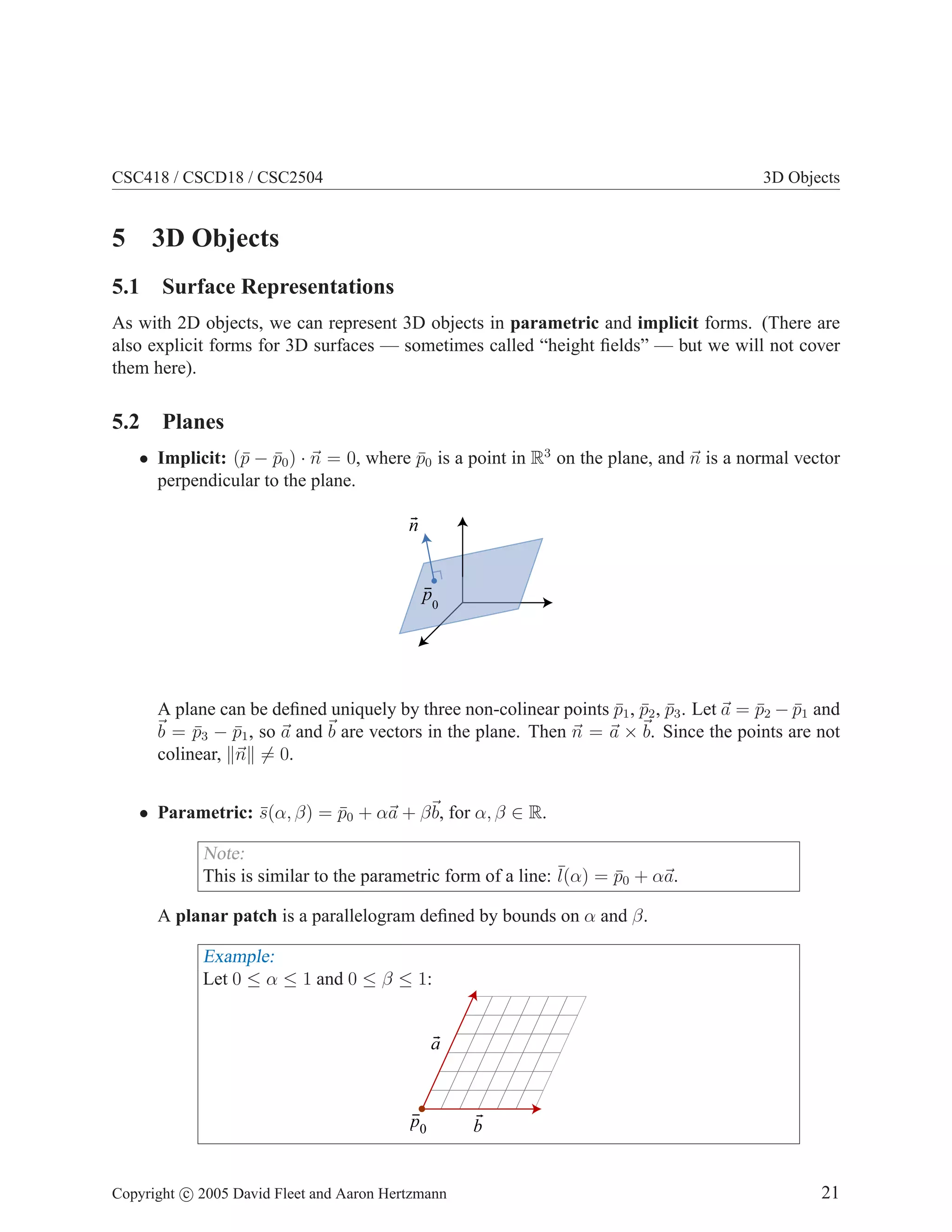 CSC418 / CSCD18 / CSC2504 3D Objects
5 3D Objects
5.1 Surface Representations
As with 2D objects, we can represent 3D objects in parametric and implicit forms. (There are
also explicit forms for 3D surfaces — sometimes called “height fields” — but we will not cover
them here).
5.2 Planes
• Implicit: (p̄ − p̄0) · ~
n = 0, where p̄0 is a point in R3
on the plane, and ~
n is a normal vector
perpendicular to the plane.
n
p0
A plane can be defined uniquely by three non-colinear points p̄1, p̄2, p̄3. Let ~
a = p̄2 − p̄1 and
~
b = p̄3 − p̄1, so ~
a and ~
b are vectors in the plane. Then ~
n = ~
a ×~
b. Since the points are not
colinear, k~
nk 6= 0.
• Parametric: s̄(α, β) = p̄0 + α~
a + β~
b, for α, β ∈ R.
Note:
This is similar to the parametric form of a line: ¯
l(α) = p̄0 + α~
a.
A planar patch is a parallelogram defined by bounds on α and β.
Example:
Let 0 ≤ α ≤ 1 and 0 ≤ β ≤ 1:
a
b
p0
Copyright c 2005 David Fleet and Aaron Hertzmann 21
 
