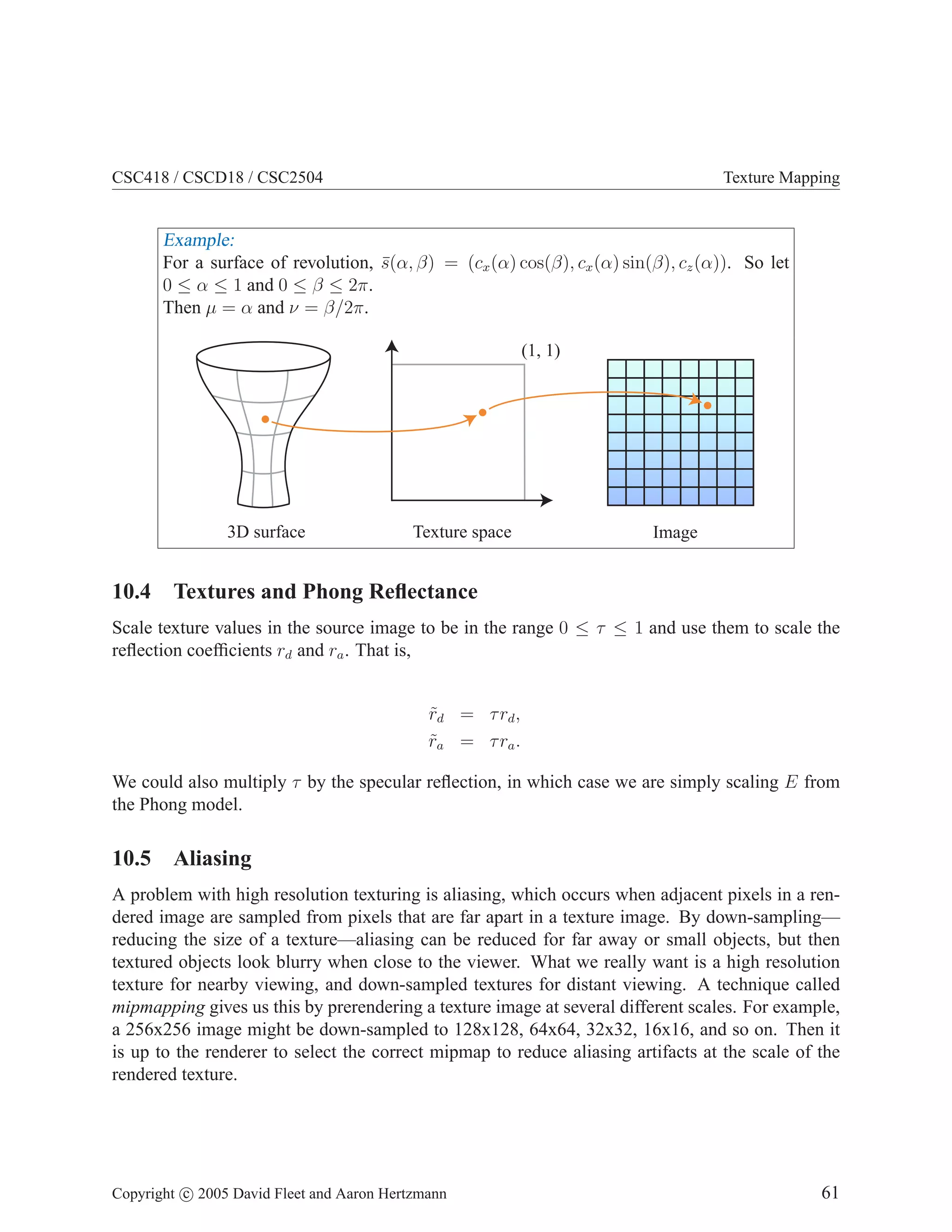 CSC418 / CSCD18 / CSC2504 Texture Mapping
Example:
For a surface of revolution, s̄(α, β) = (cx(α) cos(β), cx(α) sin(β), cz(α)). So let
0 ≤ α ≤ 1 and 0 ≤ β ≤ 2π.
Then µ = α and ν = β/2π.
(1, 1)
3D surface Texture space Image
10.4 Textures and Phong Reflectance
Scale texture values in the source image to be in the range 0 ≤ τ ≤ 1 and use them to scale the
reflection coefficients rd and ra. That is,
r̃d = τrd,
r̃a = τra.
We could also multiply τ by the specular reflection, in which case we are simply scaling E from
the Phong model.
10.5 Aliasing
A problem with high resolution texturing is aliasing, which occurs when adjacent pixels in a ren-
dered image are sampled from pixels that are far apart in a texture image. By down-sampling—
reducing the size of a texture—aliasing can be reduced for far away or small objects, but then
textured objects look blurry when close to the viewer. What we really want is a high resolution
texture for nearby viewing, and down-sampled textures for distant viewing. A technique called
mipmapping gives us this by prerendering a texture image at several different scales. For example,
a 256x256 image might be down-sampled to 128x128, 64x64, 32x32, 16x16, and so on. Then it
is up to the renderer to select the correct mipmap to reduce aliasing artifacts at the scale of the
rendered texture.
Copyright c 2005 David Fleet and Aaron Hertzmann 61
 