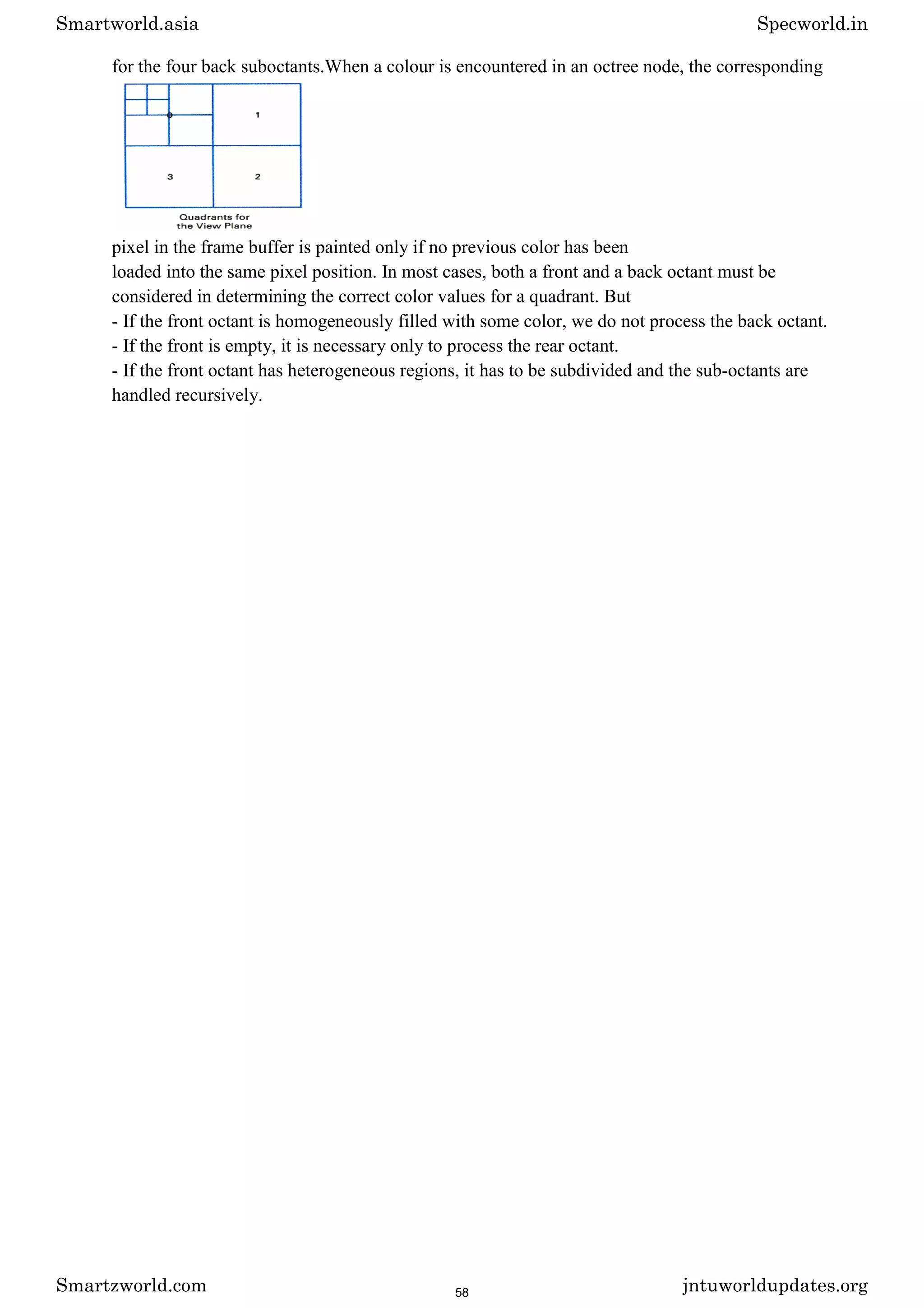 for the four back suboctants.When a colour is encountered in an octree node, the corresponding
pixel in the frame buffer is painted only if no previous color has been
loaded into the same pixel position. In most cases, both a front and a back octant must be
considered in determining the correct color values for a quadrant. But
- If the front octant is homogeneously filled with some color, we do not process the back octant.
- If the front is empty, it is necessary only to process the rear octant.
- If the front octant has heterogeneous regions, it has to be subdivided and the sub-octants are
handled recursively.
Smartworld.asia Specworld.in
Smartzworld.com jntuworldupdates.org
58
 