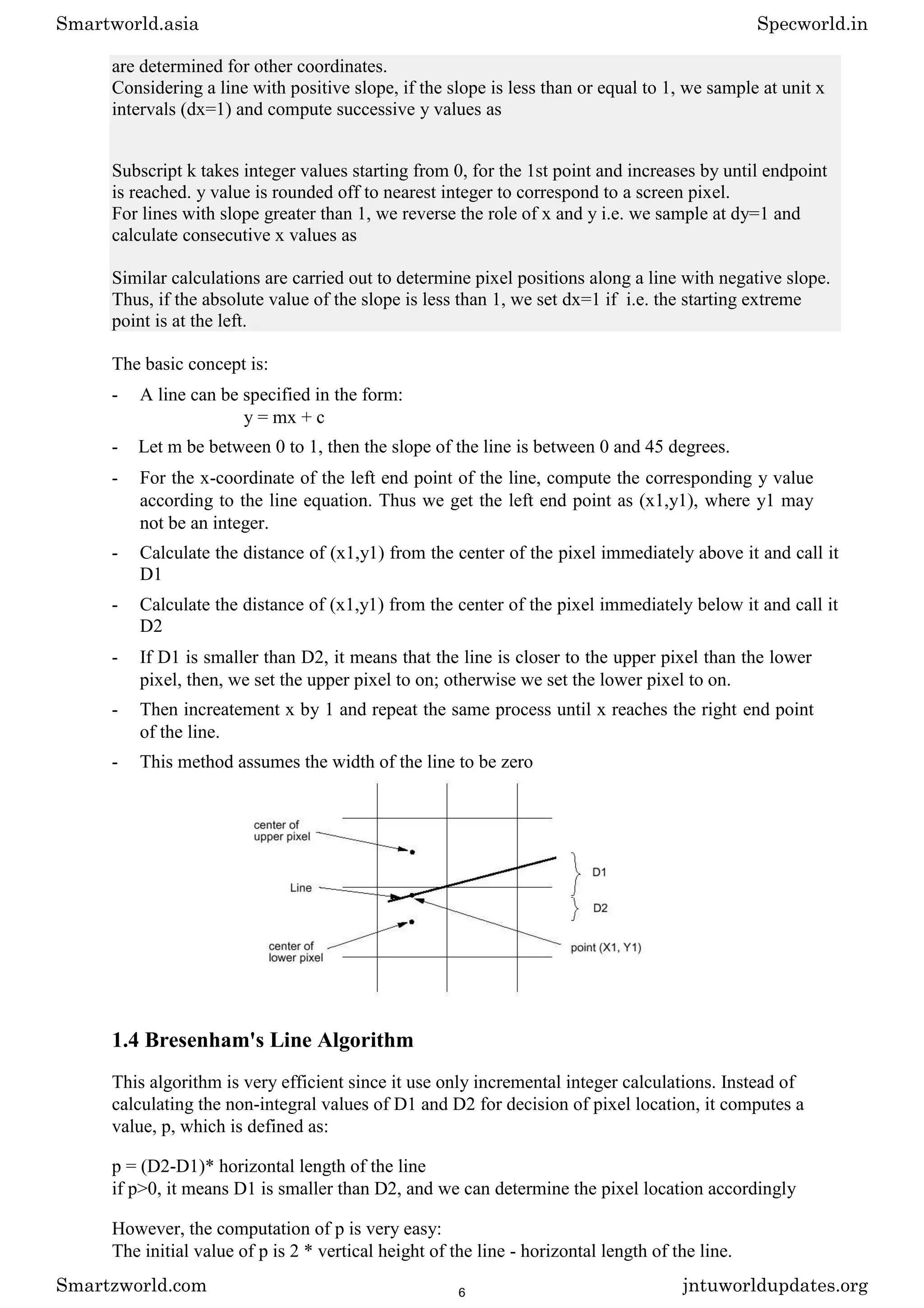 are determined for other coordinates.
Considering a line with positive slope, if the slope is less than or equal to 1, we sample at unit x
intervals (dx=1) and compute successive y values as
Subscript k takes integer values starting from 0, for the 1st point and increases by until endpoint
is reached. y value is rounded off to nearest integer to correspond to a screen pixel.
For lines with slope greater than 1, we reverse the role of x and y i.e. we sample at dy=1 and
calculate consecutive x values as
Similar calculations are carried out to determine pixel positions along a line with negative slope.
Thus, if the absolute value of the slope is less than 1, we set dx=1 if i.e. the starting extreme
point is at the left.
The basic concept is:
- A line can be specified in the form:
y = mx + c
- Let m be between 0 to 1, then the slope of the line is between 0 and 45 degrees.
- For the x-coordinate of the left end point of the line, compute the corresponding y value
according to the line equation. Thus we get the left end point as (x1,y1), where y1 may
not be an integer.
- Calculate the distance of (x1,y1) from the center of the pixel immediately above it and call it
D1
- Calculate the distance of (x1,y1) from the center of the pixel immediately below it and call it
D2
- If D1 is smaller than D2, it means that the line is closer to the upper pixel than the lower
pixel, then, we set the upper pixel to on; otherwise we set the lower pixel to on.
- Then increatement x by 1 and repeat the same process until x reaches the right end point
of the line.
- This method assumes the width of the line to be zero
1.4 Bresenham's Line Algorithm
This algorithm is very efficient since it use only incremental integer calculations. Instead of
calculating the non-integral values of D1 and D2 for decision of pixel location, it computes a
value, p, which is defined as:
p = (D2-D1)* horizontal length of the line
if p>0, it means D1 is smaller than D2, and we can determine the pixel location accordingly
However, the computation of p is very easy:
The initial value of p is 2 * vertical height of the line - horizontal length of the line.
Smartworld.asia Specworld.in
Smartzworld.com jntuworldupdates.org
6
 
